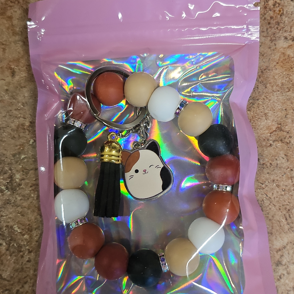 Multicolor Beaded Keychain Bracelet with Cat Charm